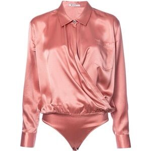 T by Alexander Wang V Neck Silk Blouse Dusty Rose Pink Bodysuit Long Sleeve